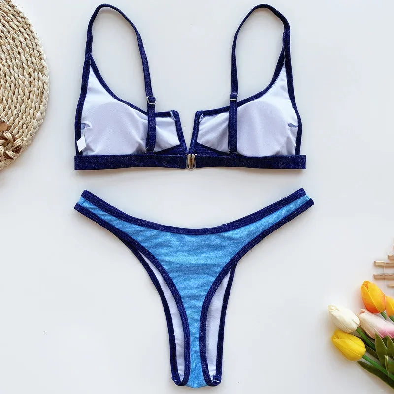 Splicing V Shaped Micro Thong Bikini Women Swimsuit Female Swimwear Two Pieces Bikini Set Push Up Bathing Suit Swim Beachwear
