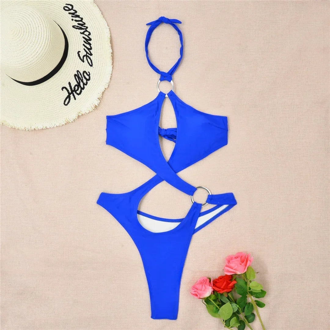 Sexy Tummy Cut Out Halter Women Thong Swimwear One Piece Swimsuit Female High Cut Monokini Rings Bathing Suit Swim Beach Wear