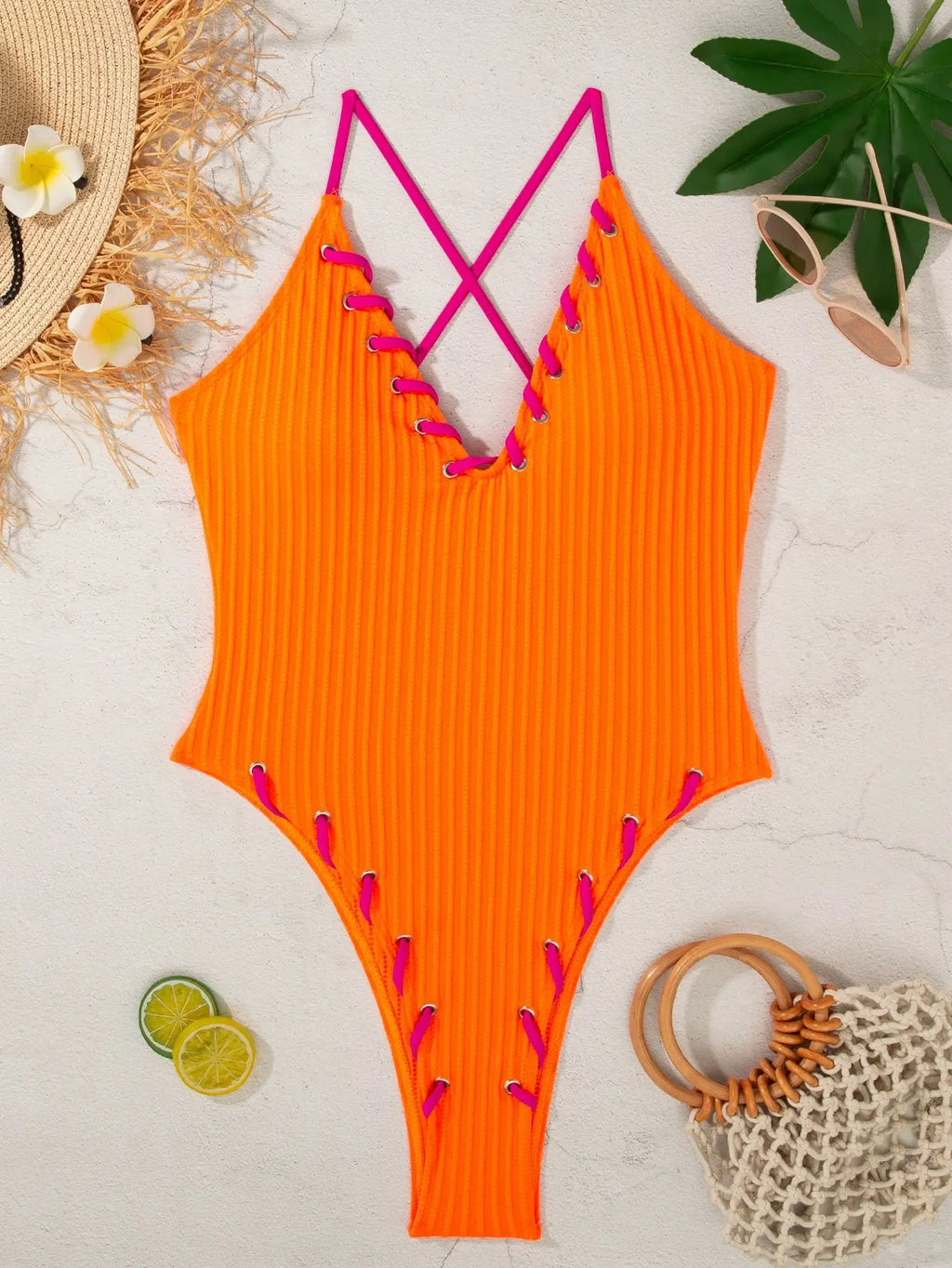 V Neck Wrinkled Ribbed Cross Backless One Piece Swimsuit Women Swimwear Female High Leg Cut Monokini Bather Bathing Suit Swim