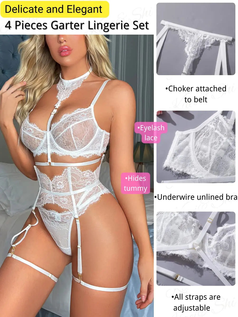 Sexy Garter Lingerie Set for Women – 4pcs Floral Lace Strappy High Waisted Bra Panty with Choker Belt