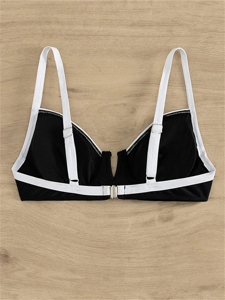 Sexy Black White Patchwork Bikini 2024 Women Halter V Underwire Push Up Micro Swimsuit Beach Bathing Suit High Waist Swimwear