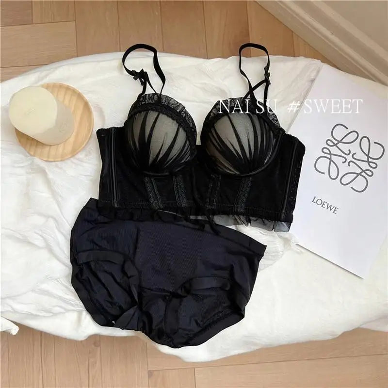 Sexy Lolita Bra Set for Women Wireless Push Up Bralette Lace Sexy Lingerie Set for Small Bust Gathering No Underwire MOYISU S-XL