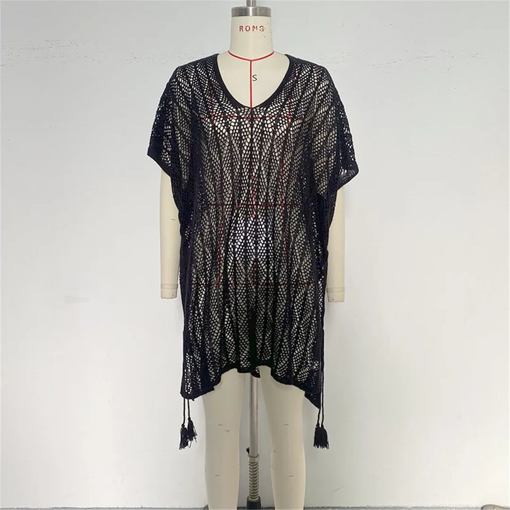 Sexy Short Sleeve Hollow Out Crochet Knitted Tunic Beach Cover Up Cover-ups Beach Dress Beach Wear Beachwear Female Women K6686