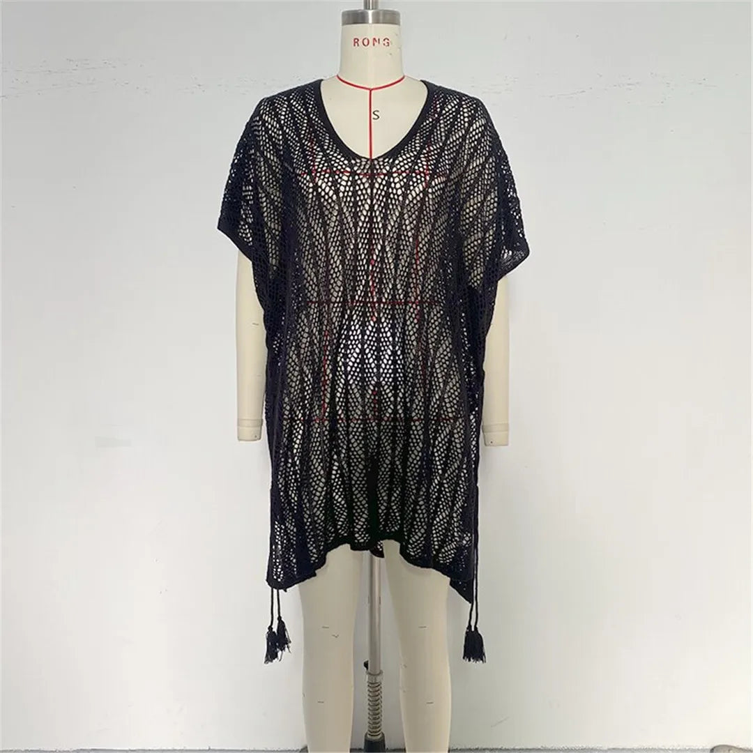 Sexy Short Sleeve Hollow Out Crochet Knitted Tunic Beach Cover Up Cover-ups Beach Dress Beach Wear Beachwear Female Women K6686