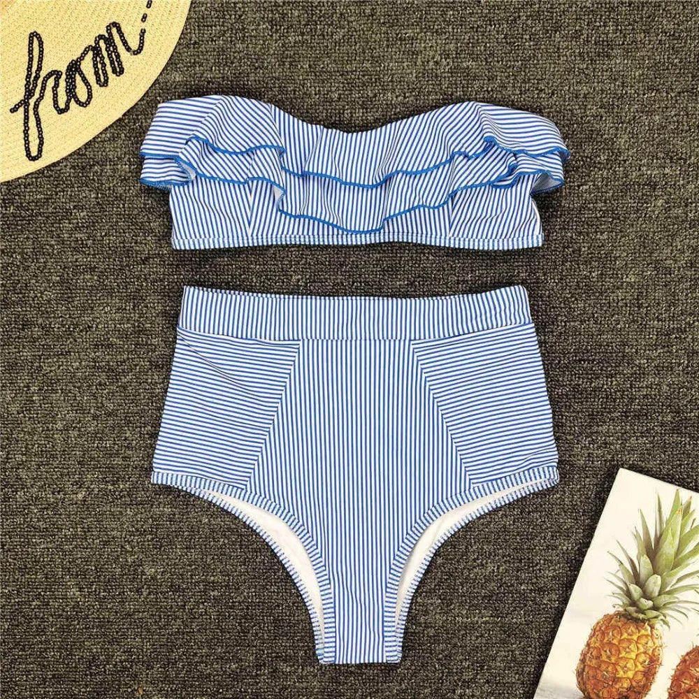 2025 Striped Top Ruffle High Waist Bikini Women Swimwear Female Swimsuit Two-pieces Bikini set Bandeau Bikinis Bathing Suit Swim