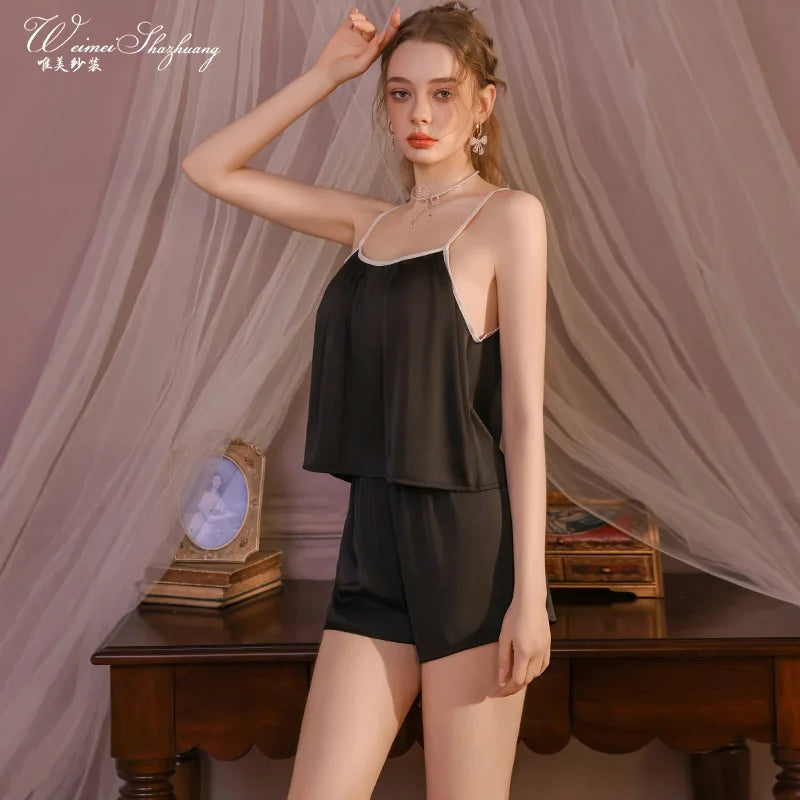 Elegant New Home Wear Set Sexy Women's Pajamas With Chest Pads Pure Desire Camisole And Sleep Pants Two-piece Sets Casual XWEX