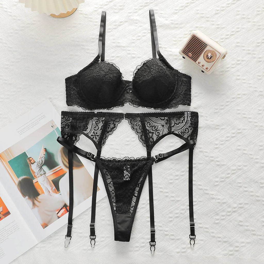INENEMIS 3-Piece Black Bra Set Women lace sexy Lingerie sex Set Ladies Sexy Panty Underwear Set A2213