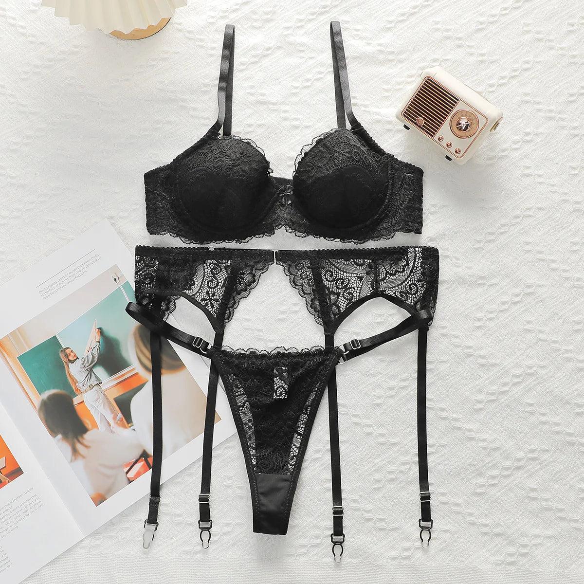 INENEMIS 3-Piece Black Bra Set Women lace sexy Lingerie sex Set Ladies Sexy Panty Underwear Set A2213