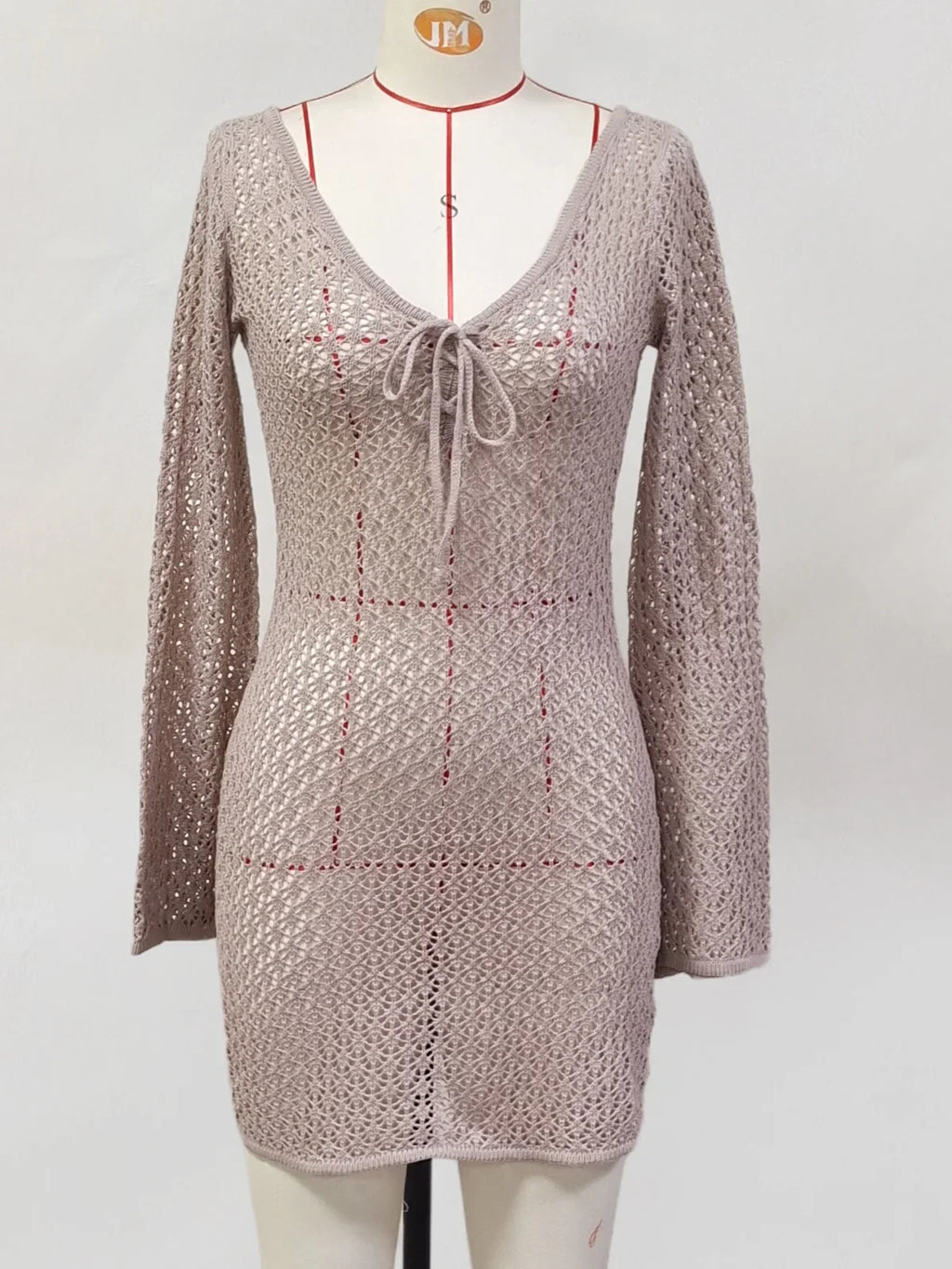 V Neck Long Sleeve Hollow Out Crochet Knitted Tunic Beach Cover Up Cover-ups Beach Dress Beach Wear Beachwear Female Women V6081