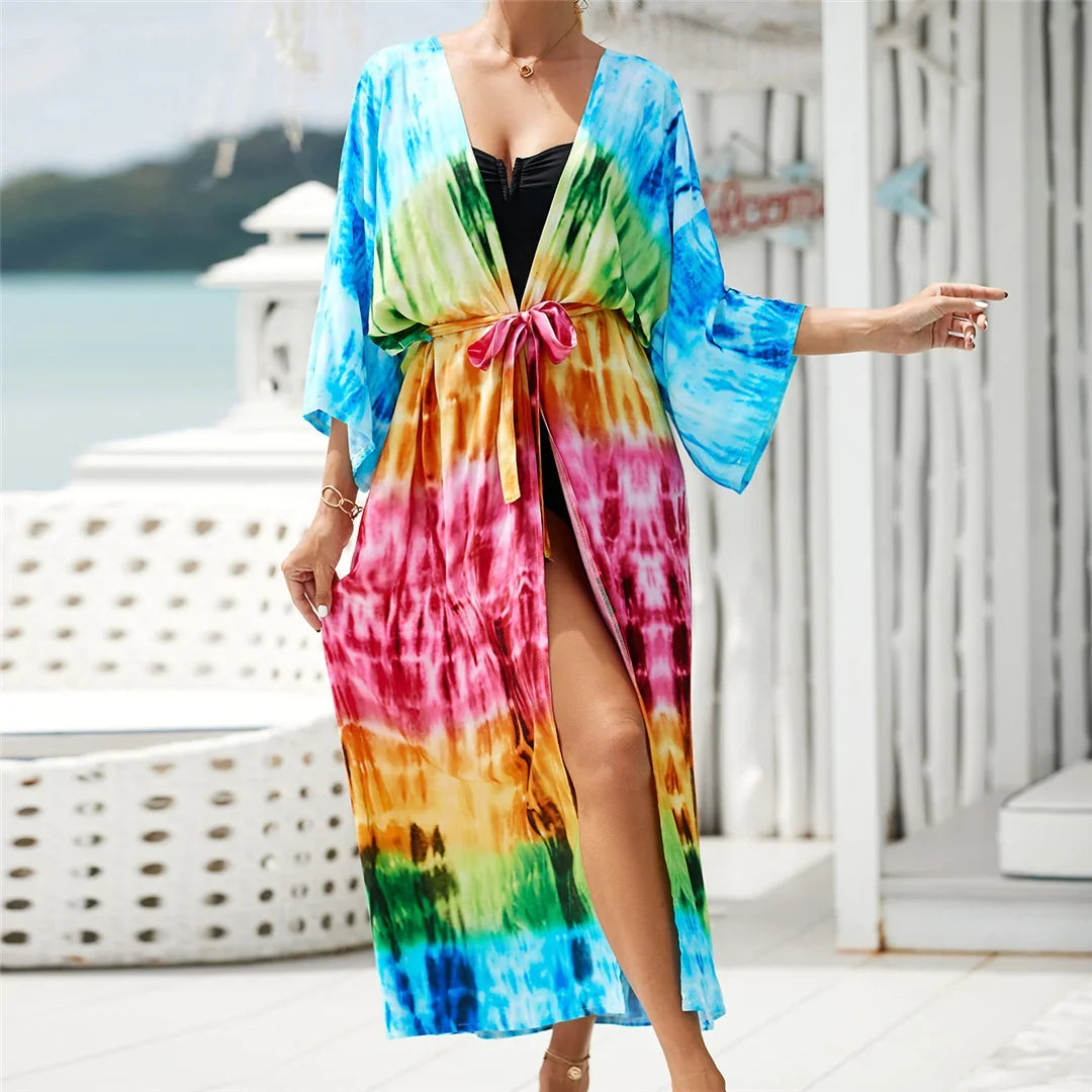 13 Colors Printed With Belt Crochet Knitted Tunic Beach Dress Beach Wear Beachwear Beach Cover Up Cover-upsFemale Women V7201