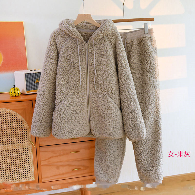 Korean New Women Warm Coral Fleece Pajamas Set Autumn Winter Sleepwear 2 Pieces Home Suit Casual Hooded Pajamas Night Wear