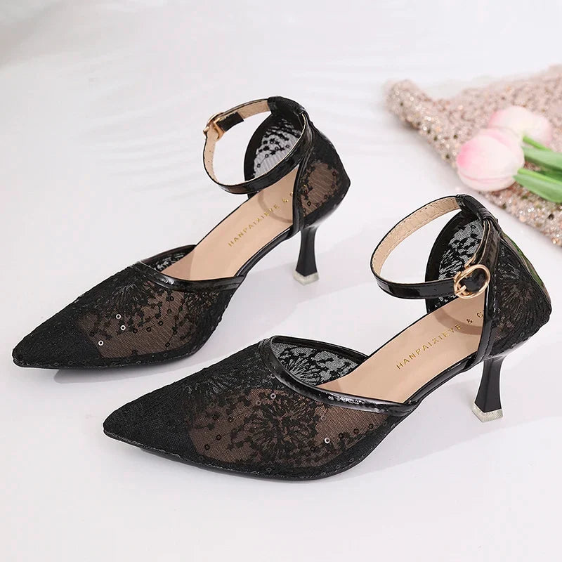 Sexy Black Mesh Pointed Toe Pumps Women Plus Size 43 Ankle Buckle High Heel Party Shoes Woman Embroidered Sequins Pumps Ladies
