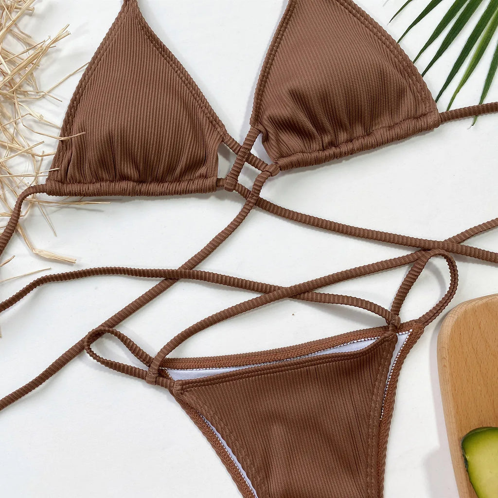 4 Colors Sexy Bikini Women Cross Straps Halter Swimwear Swimsuit Bikinis Set Bathing Suit Beach Bikini Female Biquinis Feminino