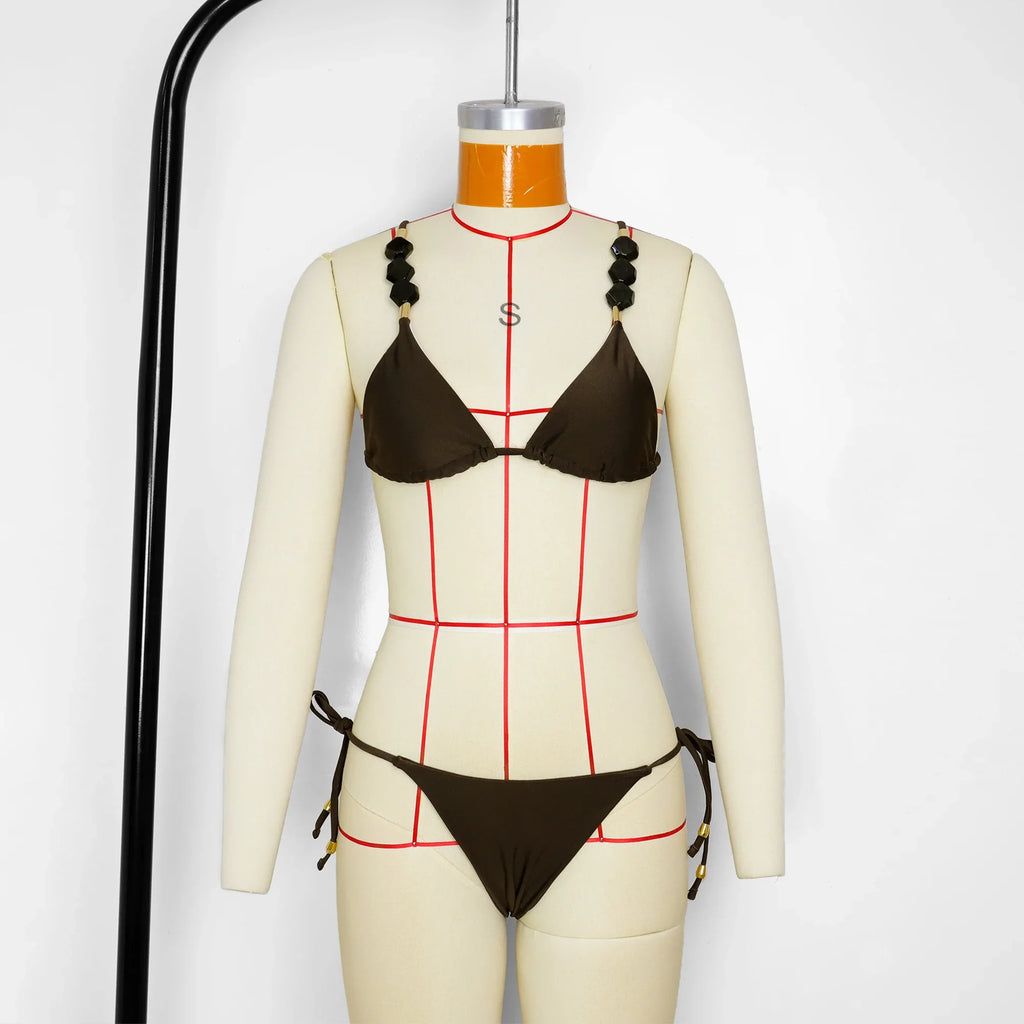Women's Stylish Solid Color Three-Point Drawstring Bikini Set Cross-Border Swimwear Separate 2025 Sexy Female Bathing Suit