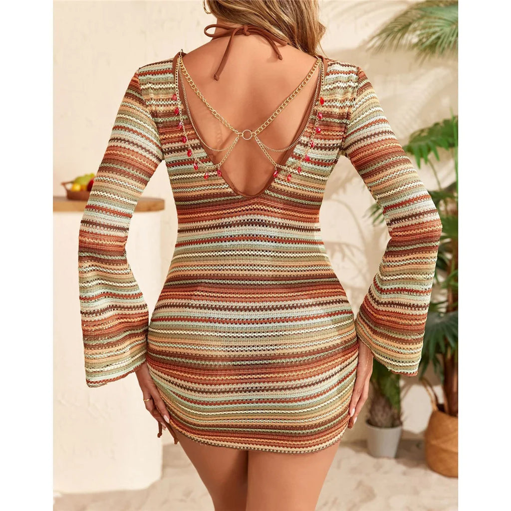 S - XL Striped Long Sleeve Cover Up Bikini Female Swimsuit Women Swimwear Bather Bathing Suit Swim Three-pieces Bikini set K8128