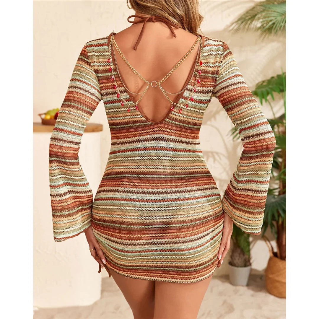 S - XL Striped Long Sleeve Cover Up Bikini Female Swimsuit Women Swimwear Bather Bathing Suit Swim Three-pieces Bikini set K8128