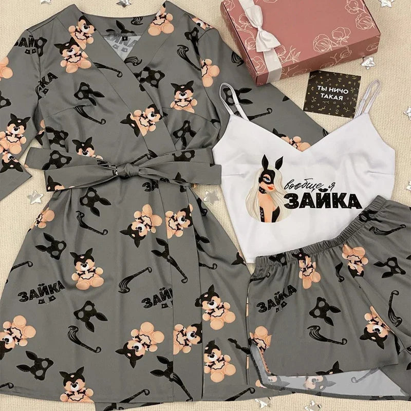 Women's Summer Sexy Pajama Shorts Set 3 Pieces Lace Satin With Silk Sleepwear Robe Fashion And Comfortable Print Nightwear