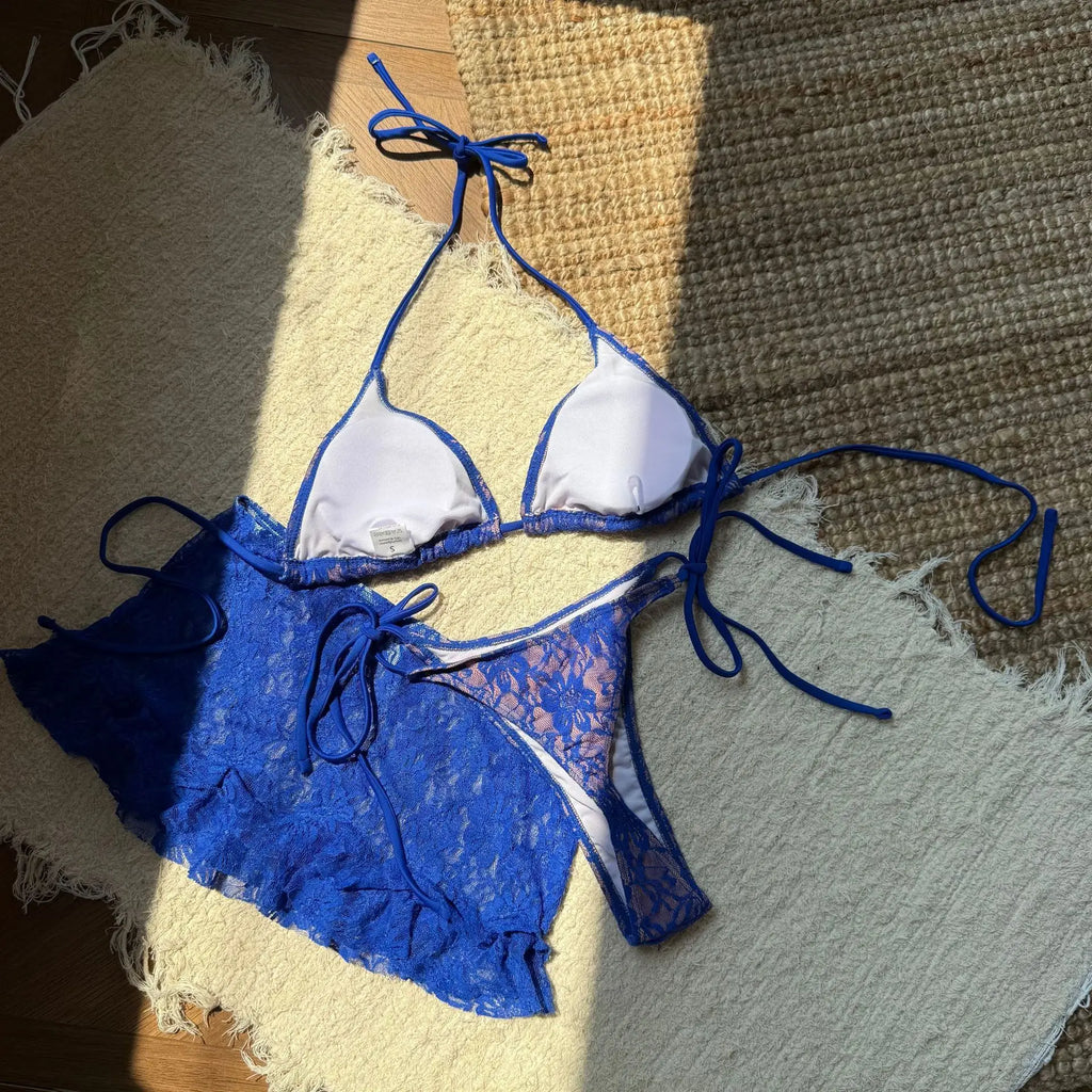 DEKA Micro Thong Bikini Set Sexy Lace Double-Layered 3 Pieces Swimsuit With Sexy Mesh Skirt Women Beach Swimwear