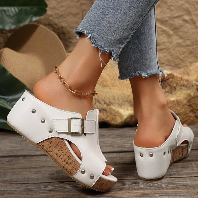 outdoor adjustable strap platform sandals women summer rivet solid wedges women'sandals slip-on walking sandles woman