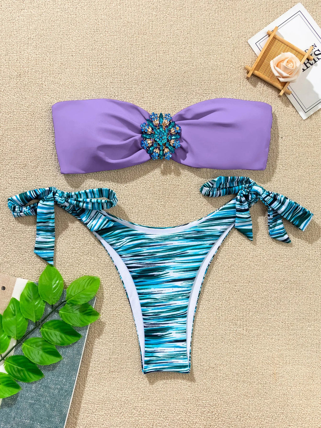 Rhinestone Flower Accessories Swimsuit Women 2026 2-piece Mini Bikini Sexy Strapless Backless Bathing Suit Summer Beach Swimwear
