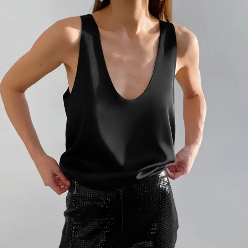 Light Luxury Comfortable Women U-neck Vest Top 2025 Spring and Summer Girls Breathable Soft Satin Lining Sleeveless Inside Top