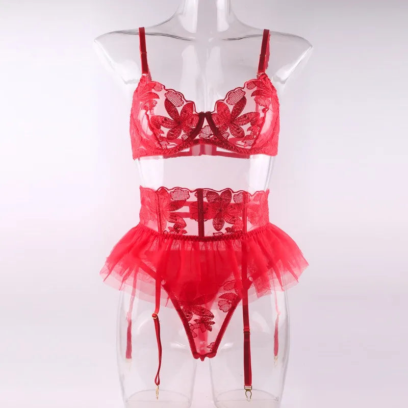 Toucheart 3 Piece Set Lingerie Garter Sets Lingerie For Woman Sexy Mini Skirt See-Through Embroidered Bra Erotic Underwear New