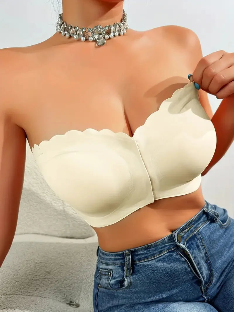 Solid Seamless Strapless Front Closure Wireless Strapless Bra, Sexy Comfy Push Up Bra, Women's Lingerie & Underwear