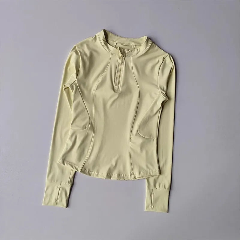 Women's Slim Fit Long Sleeved Yoga Exercise Top Elastic Half Zipper Fitness Suit for Active Wear