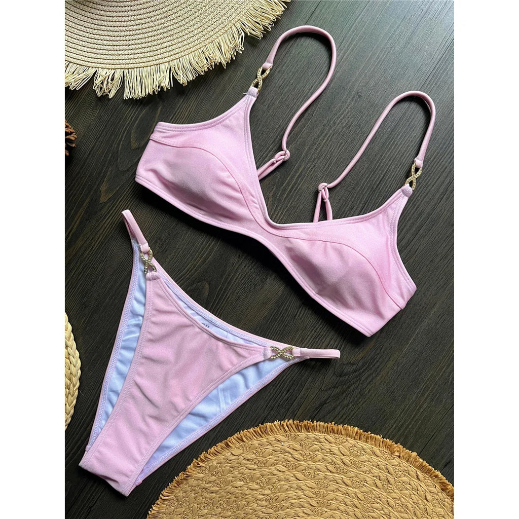 10 Colors V Neck Rhinestones Bikini Female Swimsuit Women Swimwear Two-pieces Bikini Set Padded Bather Bathing Suit Swim V8138