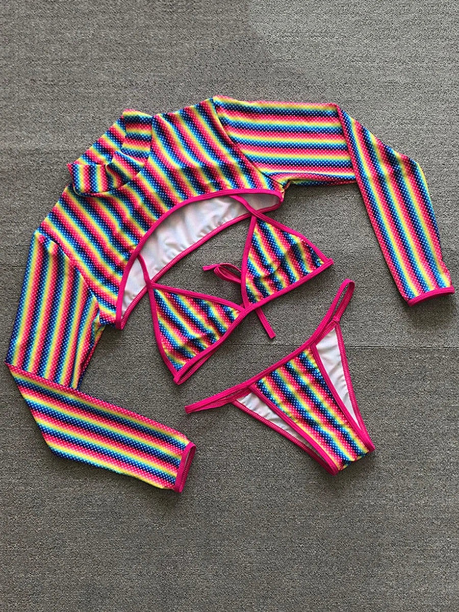 2025 Sexy Long Sleeve Striped Bikini Women Brazilian Swimwear Female Swimsuit 3 Pieces Bikini Set Halter Micro Bathing Suit Swim