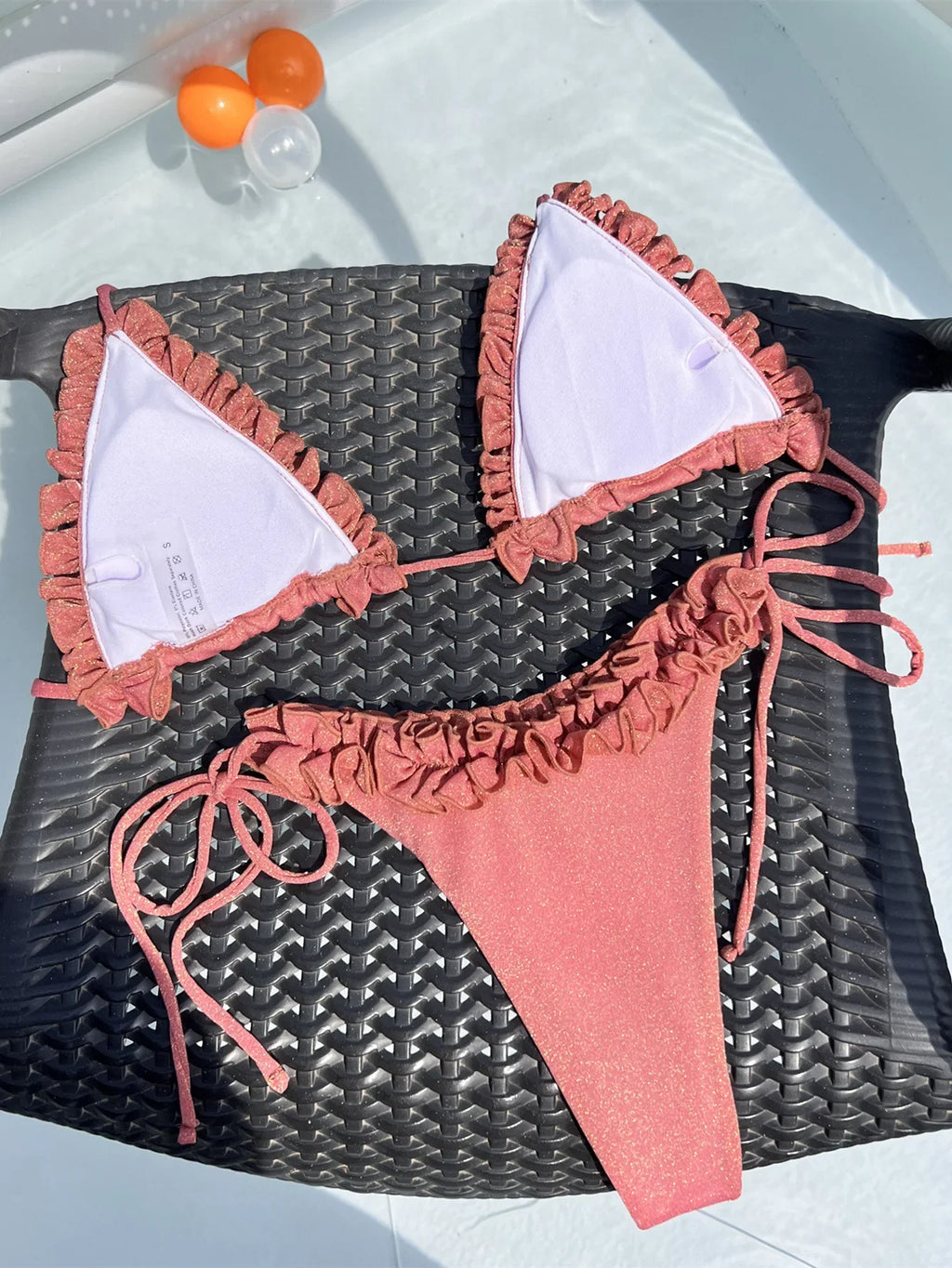 sexy rose red ruffles glitter halter tie bikinis sets two pieces women micro thong swimsuit female bathing suit swimwear biquini