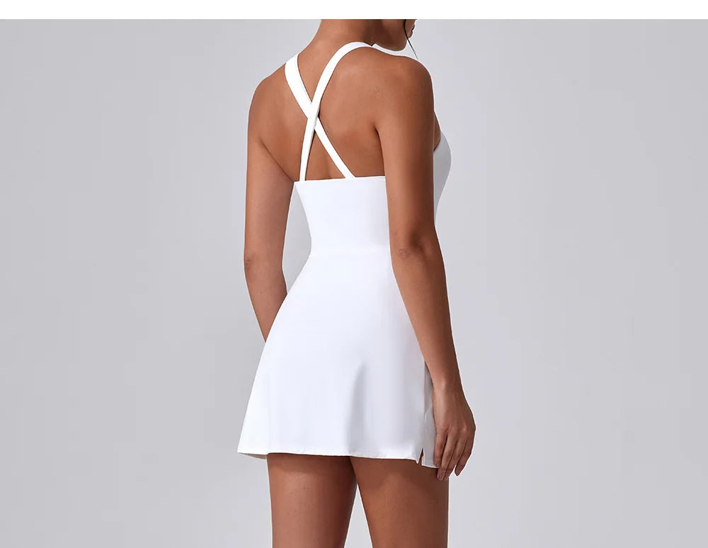 Front Zipper Tennis Dresses Women Summer Sleeveless Sports Athletic Dress Outdoor Cross Backless Pocket Short Workout Skirts
