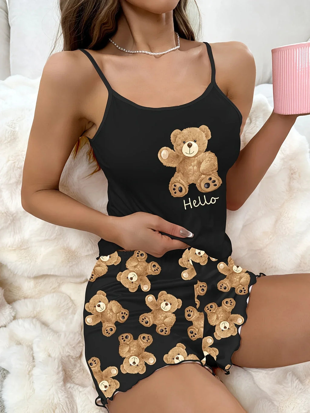 Women's Sleepwear Comfortable Relaxed Fit Pajama Set Round Neck Backless Cami Top with Heart Print Shorts