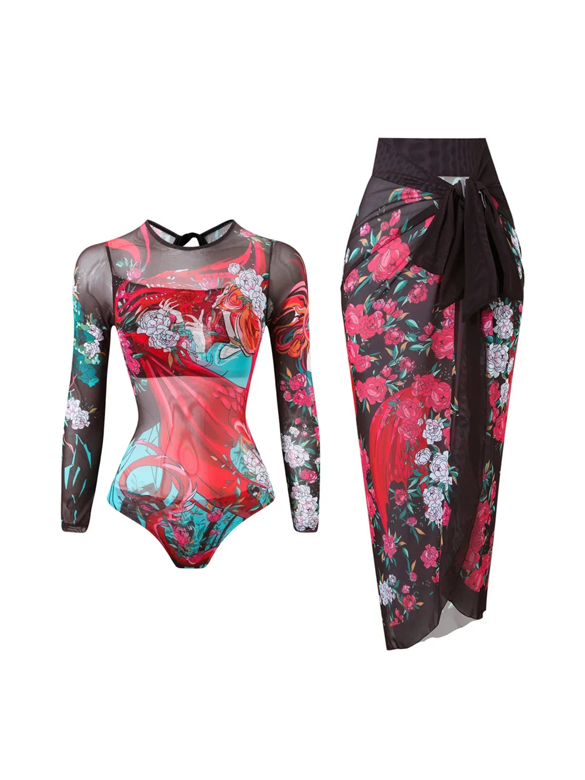 S - XXL Printed Long Sleeve With Sarong One Piece Swimsuit Women Swimwear Female Flowers Padded Bather Bathing Suit Swim K7181