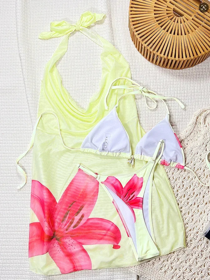 Sexy Yellow Floral Print Mesh Dress 3 Piece Swimsuit 2026 Women Shell Push Up Bra Thong Bikini Holiday Bathing Suit Swimwear