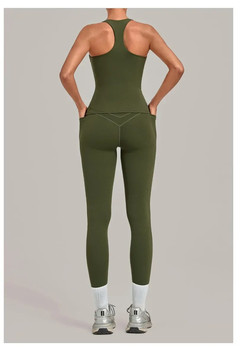 Women's Seamless Yoga Sets Sports Fitness Hip-lifting High Waist Pant Sleeveless Backless Suits Workout Running Leggings Sets