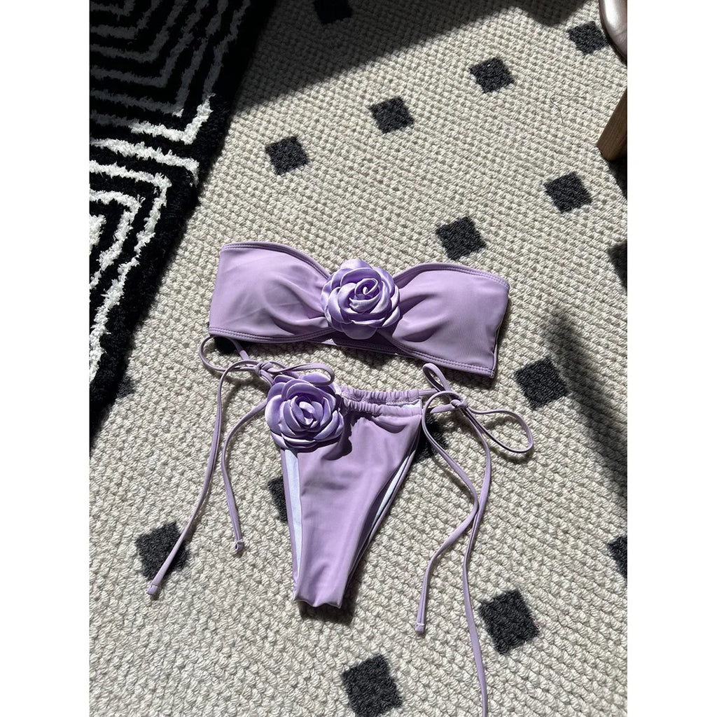 14 Colors 3D Flowers Bandeau High Cut Bikini Female Swimsuit Women Swimwear Two-Pieces Bikini Set Bather Bathing Suit Swim V5265