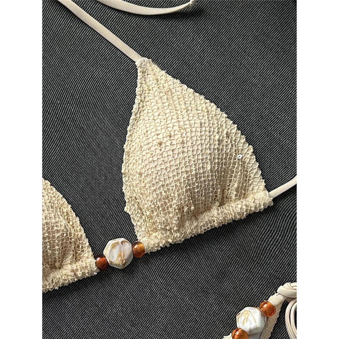 Halter Fishnet Bikini Women Swimwear Female Swimsuit Two-Pieces Bikini Set High Cut Leg Padded Bather Bathing Suit Swim V8339