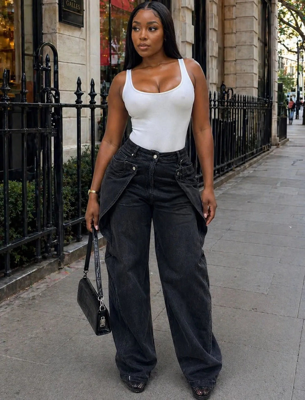 European and American style casual jeans street fashion staggered button design straight leg