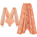 2025 New High Quality Elegant One Piece Swimsuit And Skirt Print Deep-V Lace-up Women Bikini Set Swimwear Party Bathing Suit