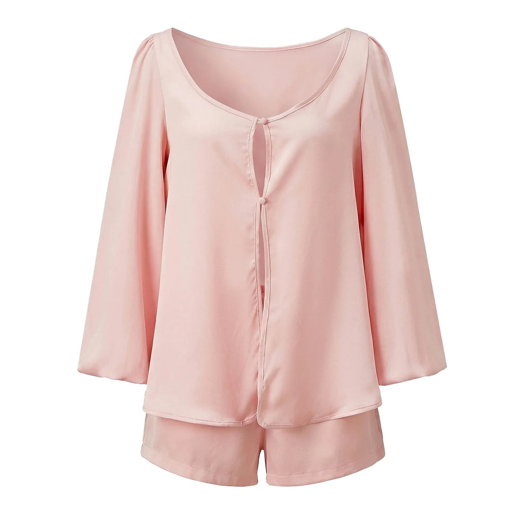 Women’s Casual 2 Piece Outfits Long Lantern Sleeve Button Down Tops + Shorts Set Solid Color Loose Suits