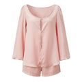 Women’s Casual 2 Piece Outfits Long Lantern Sleeve Button Down Tops + Shorts Set Solid Color Loose Suits