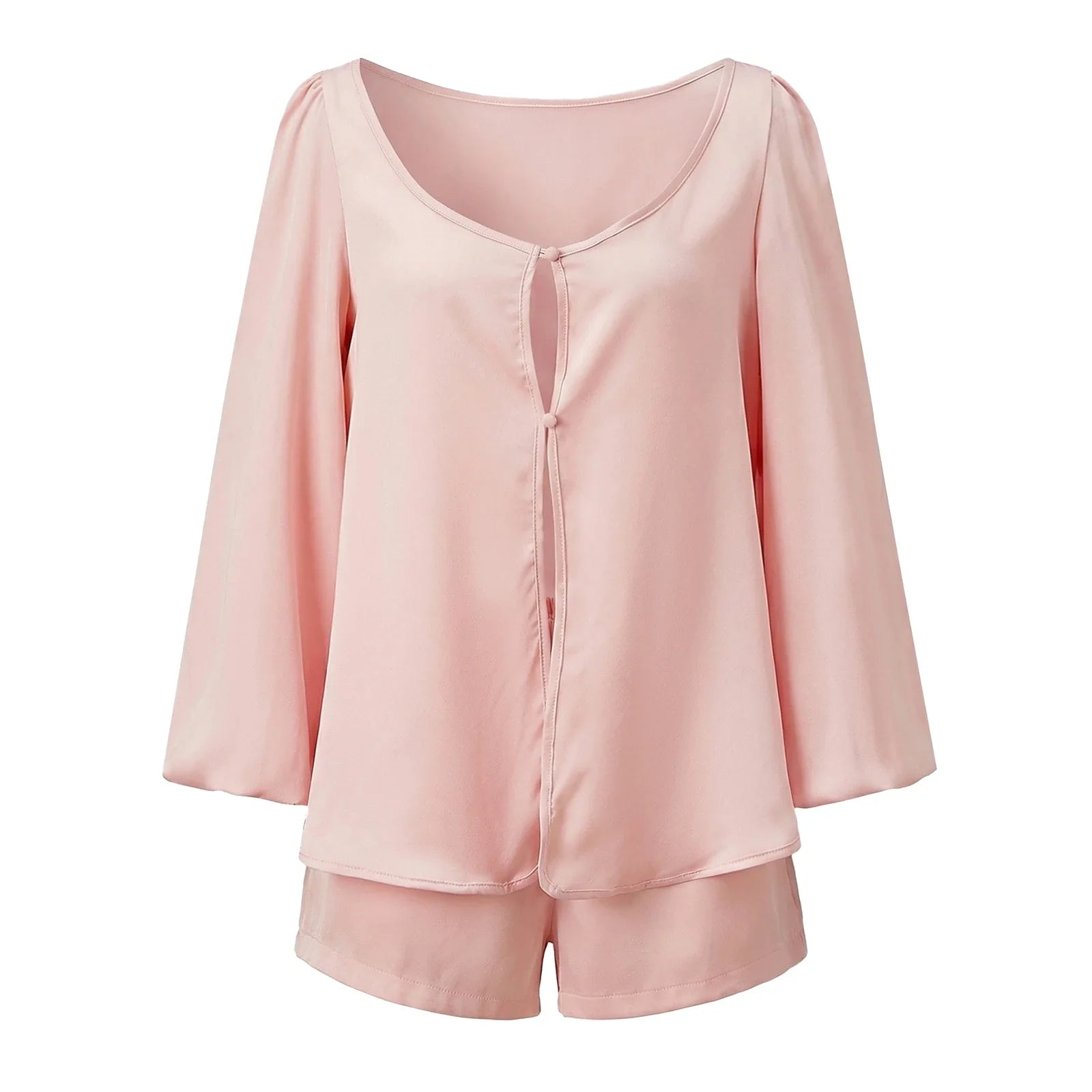 Women’s Casual 2 Piece Outfits Long Lantern Sleeve Button Down Tops + Shorts Set Solid Color Loose Suits