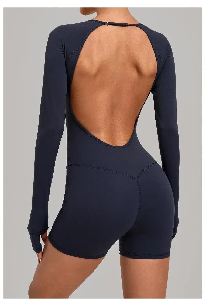 Women's Yoga Jumpsuits Sports Fitness Hip-lifting Long-sleeved Backless Running Training Workout Gym Shorts One-piece Bodysuits