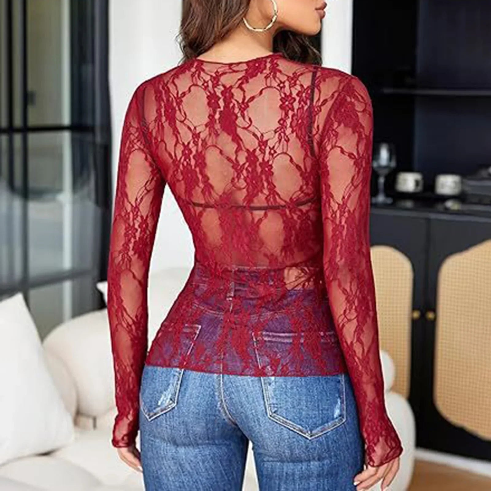 Women Mesh Bottoming Shirt See through O Neck Long Sleeve Lady Blouse Slim Fit Sexy Clear Sun Gauze Tops