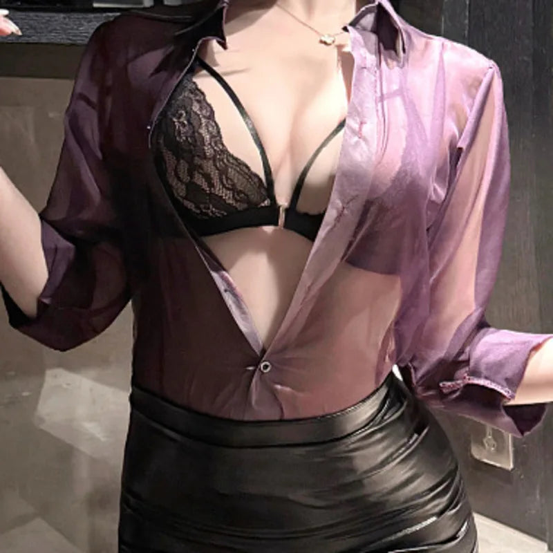 Translucent Purple Shirt Paired With A Skirt Set Secretary Sexy For Women Alluring And Pure Desire Dress Nightclub Style 89JL