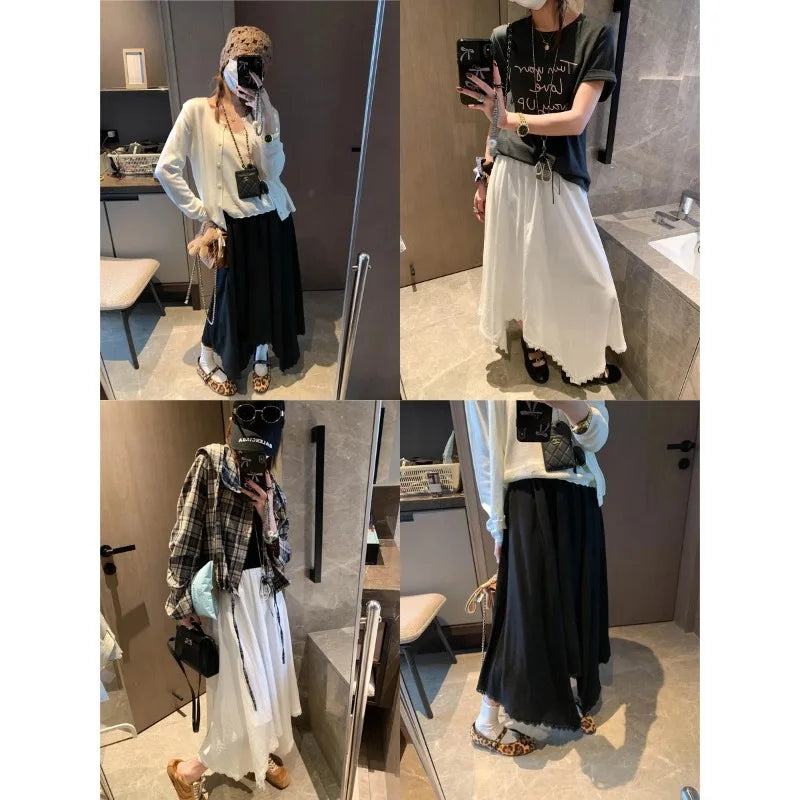 Spliced Lace Elastic High-waisted Slimming Skirt White Lace Trim Skirt Elastic Waist Casual Summer Style Skirt For Women 6S7Q