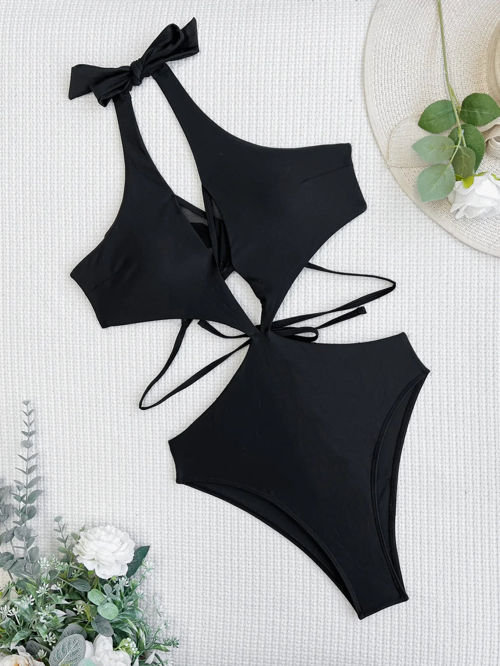 DEKA Women Mesh One-Piece Swimsuit Solid Black V-neck Swimwear Wrap Front Cutout Sexy Monokini Bathing Suits Beachwear