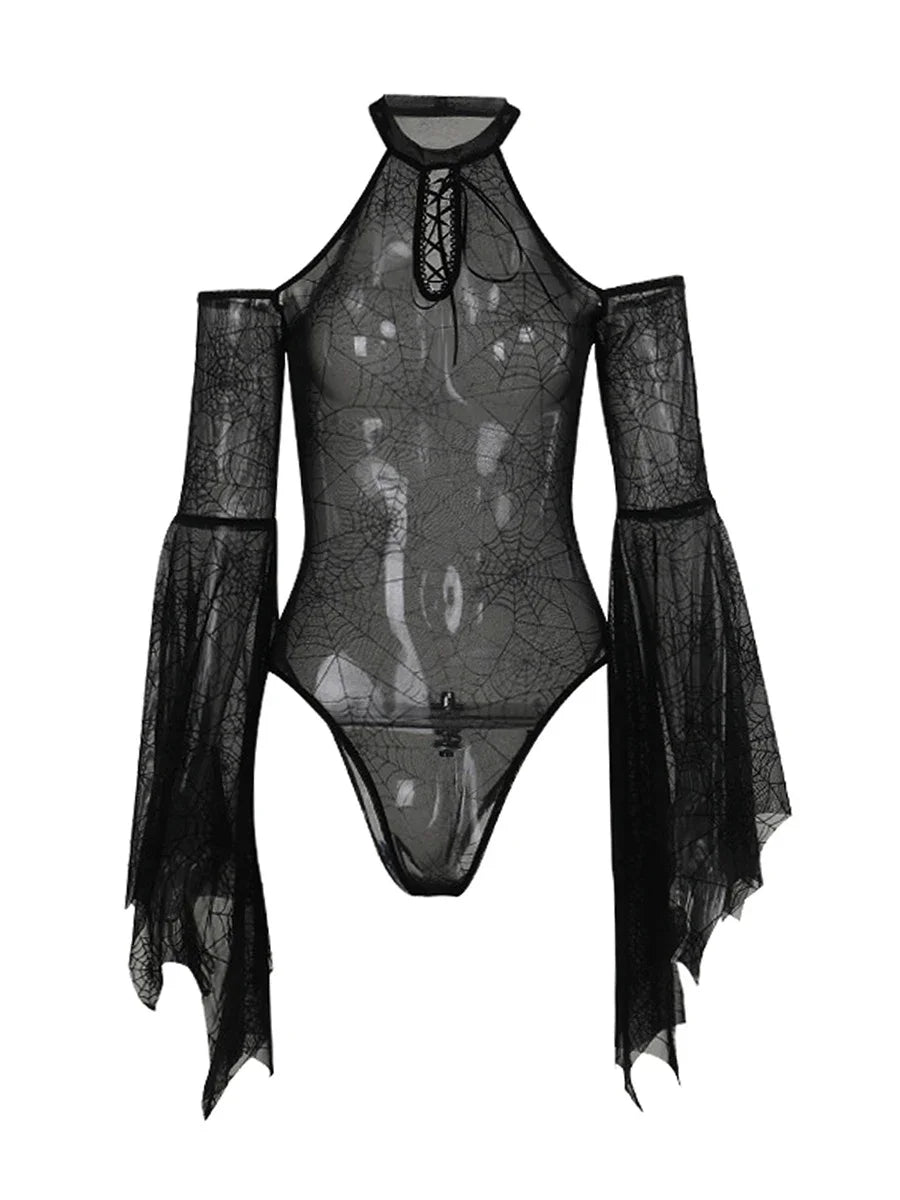 Women Mesh Sheer Bodysuits Flare Long Sleeve Cold Shoulder Spider Web Bodycon Body Tops Halloween Party Gothic Clubwear