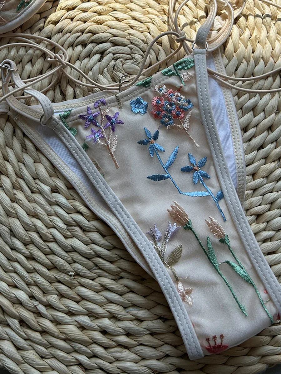 Flowers Printed Halter Underwired V-Bar Bikini Women Swimwear Female Swimsuit Two-pieces Bikini Set High Cut Bathing Suit Swim